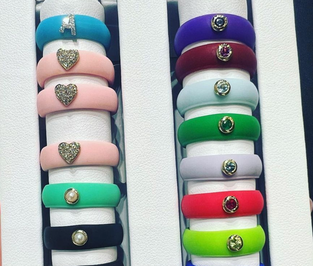 Colorful enamel rings with gemstones, handcrafted at Custom Jewelry in Southaven, MS